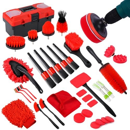 MIANYINGR 35Pcs Car Detailing Kit, Drill Brush Attachments with Detailing Brush Set and Tools Box, Red Auto Cleaning Kit Interior for Wheels, Dashboard, Windows (B:35PCS-R)