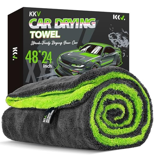 KKV Full-Sized SUV Drying Towel, 48”x24” Dual Sided Microfiber Car Cleaning Towel with Twisting Yarn Technique, 1400GSM Super Absorbent, Scratch-Free, Machine Washable (Darkgray-GreenYellow)