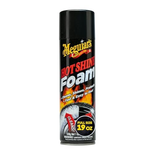 Meguiar's Hot Shine Tire Foam - High Goss Tire Shine That Cleans, Shines, and Protects in One, Deep, Black Shine with Conditioners and UV Protection to Help Keep Tires Looking Like New, 19 Oz Aerosol