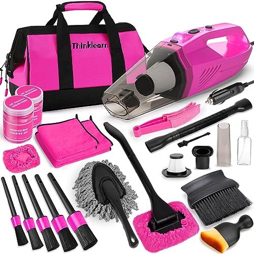 ThinkLearn Car Cleaning Kit, Car Vacuum Detailing Kit Interior with High Power Handheld Vacuum, Including 7Pcs Detailing Brush Set, Windshield Cleaner, Pink Car Accessories for Women