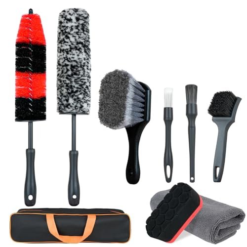9Pcs Car Wheel Detailing Brush Kit – Scratch-Free Rim & Tire Cleaner Brushes with Tire Shine Pad, Microfiber Towel & Bag – Heavy-Duty Auto Detailing Tools for Cars, Trucks, RVs & Motorcycles