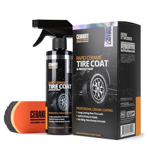 CERAKOTE Rapid Ceramic Tire Coat – Showroom New Tire Shine – Deep Tire Black Finish – Lasts Up to 10x Longer – No Sling, Non-Greasy Ceramic Tire Coating for Car, Truck & SUV – Easy Application (10oz)
