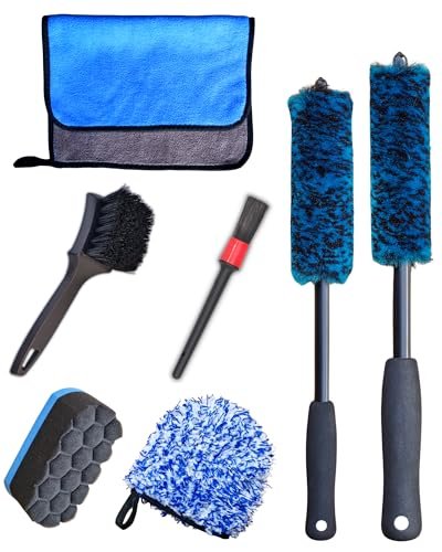 oesee 7PCS Car Wheel Rims Detail Cleaning PRO Wash Kit, Wheel Wash Mitt, Tire Brush, 2PCS Soft Woolies Wheels Brush, Detailing Brush, and Tire Dressing Pads, Microfiber Dry Towel Scratch-Free Cleaning