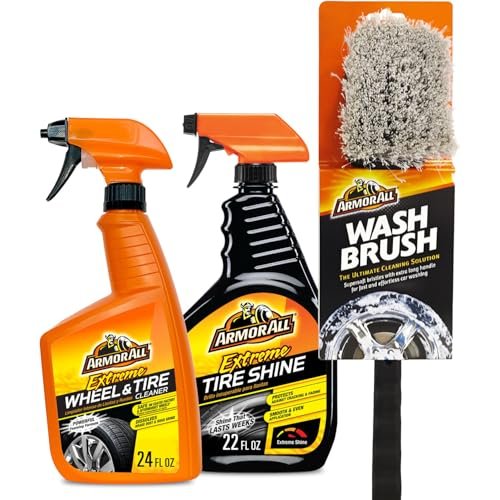 Armor All Wheel Cleaner and Tire Shine Kit, Heavy Duty Car Wheel Cleaner, Extreme Tire Shine Spray and Wash Brush - 3 Count