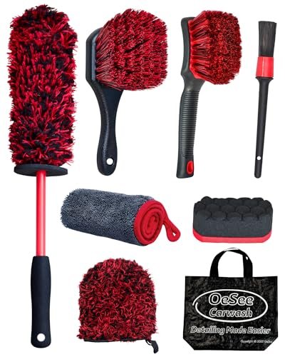 oesee 8PCS Wheel Cleaning Kit with Microfiber Brush & Rubber Grip Tire Brush, Twist Loop Drying Towel, Detailing Brush, Applicator for Car Rim and Tire Care