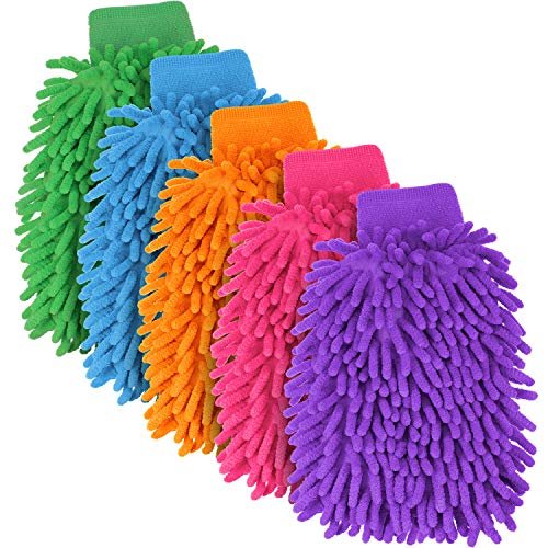 BBTO 5 Pieces Car Wash Mitts Chenille Microfiber Wash Mitts Double Sided Scratch-Free