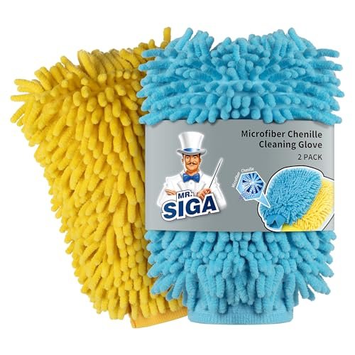 MR.SIGA Premium Microfiber Soft Chenille Car Wash Mitt, Pack of 2, Blue & Yellow