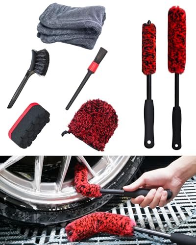 Premium 7PCS Car Wheel Rims Detail Cleaning PRO Wash Kit, Wheel Wash Mitt, Tire Brush,2PCS Soft Woolies Wheels Brush,Detailing Brush and Tire Dressing Pad,Microfiber Dry Towel Scratch-Free Cleaning