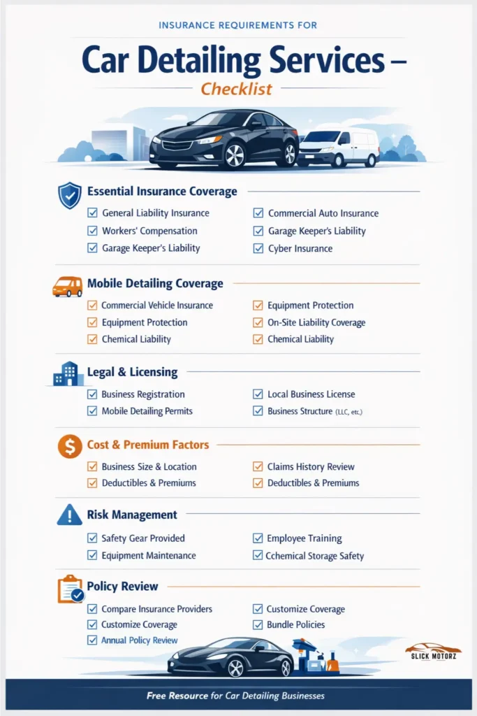 Insurance requirements checklist for car detailing services including liability, mobile coverage, licensing, costs, and risk management