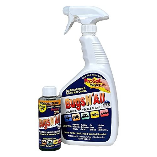 Bugs N’ All Multipurpose Car Cleaner & Degreaser - Bug & Tar Remover Concentrate 4 oz - Exterior Cleaner Safe for Car Paint, Metal, Chrome, Aluminum, Windows & Mirrors - w/Free 32 oz Spray Bottle