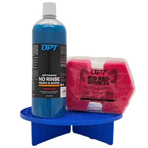 Optimum No Rinse Version 6 (32 Oz), Grit Guard Bucket Insert (Blue), and Big Red Sponge 2.0 (BRS) Car Cleaning Kit, ONR Rinseless Car Wash, Dirt Lock, and Professional Wash Sponge for Auto Detailing