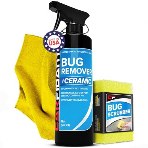 Carfidant Bug Remover for Cars Exterior - Car Bug Cleaner Spray with Ceramic Coating - Removes Bug Splatter & Bird Poop - Safe on Paint, Glass, Plastic, Metal - Windshield Pre Wash - 18 fl oz + Sponge